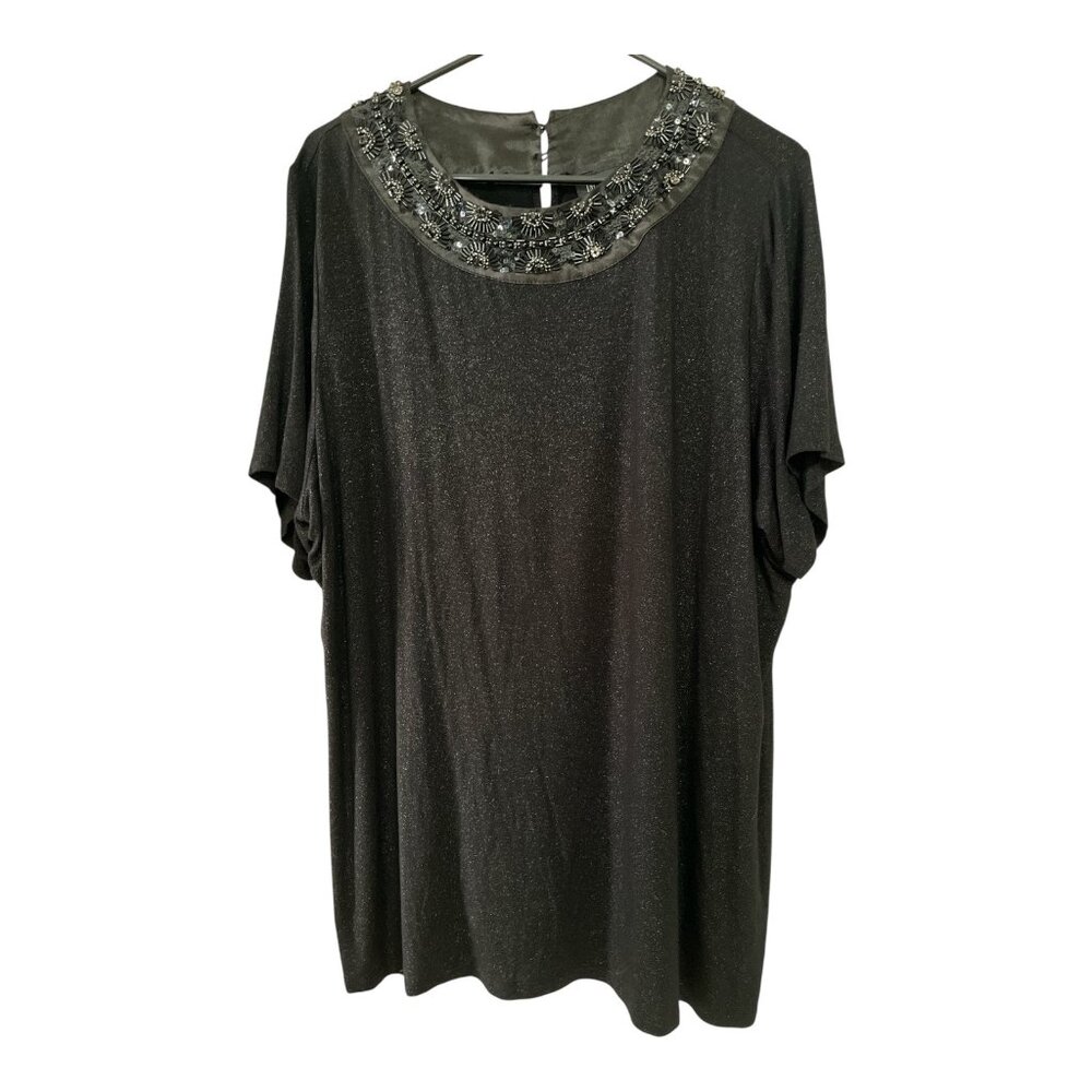 INC International Concepts Woman 2X Black Beaded Collar Top – Sparkle Knit, Shor